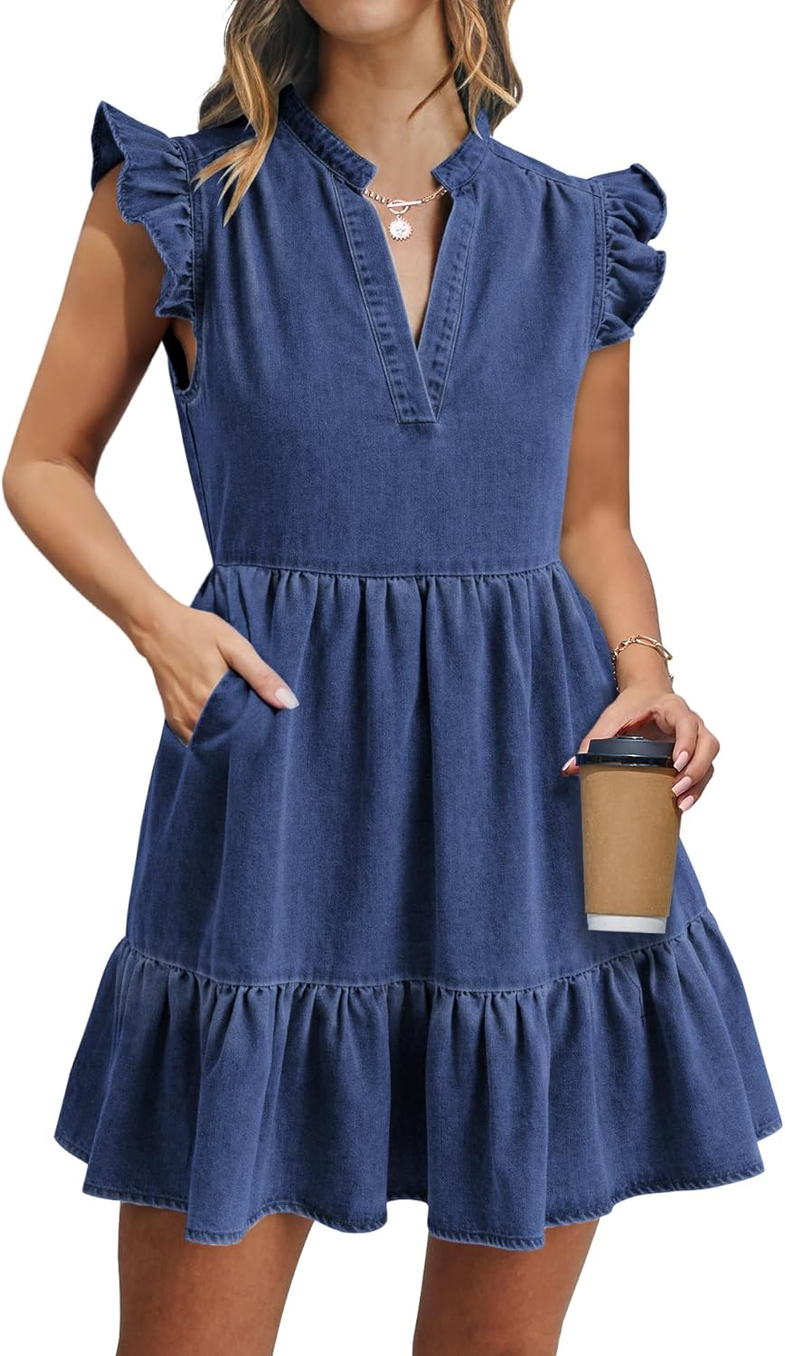 Denim Dress for Women with Ruffle Sleeves and Pockets