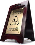 Premium Wooden Caution Wet Floor Sign Bilingual - Sleek Brass Design