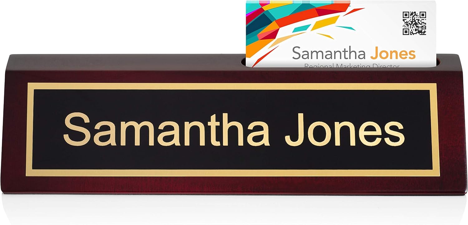 Personalized Wood Desk Name Plate with Business Card Holder