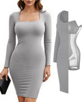 Popilush Long Sleeve Midi Bodycon Dress with Tummy Control