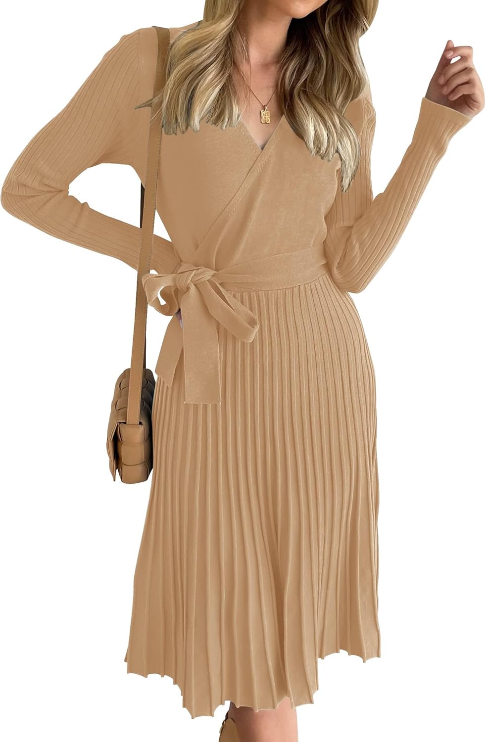 ZESICA Women's Fall Long Sleeve Wrap V Neck Sweater Dress