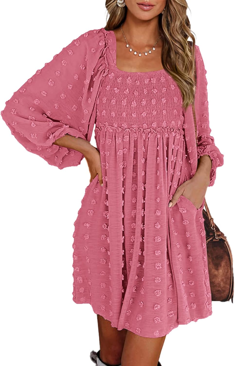 Womens Long Sleeve Dress with Square Neck and Floral Print