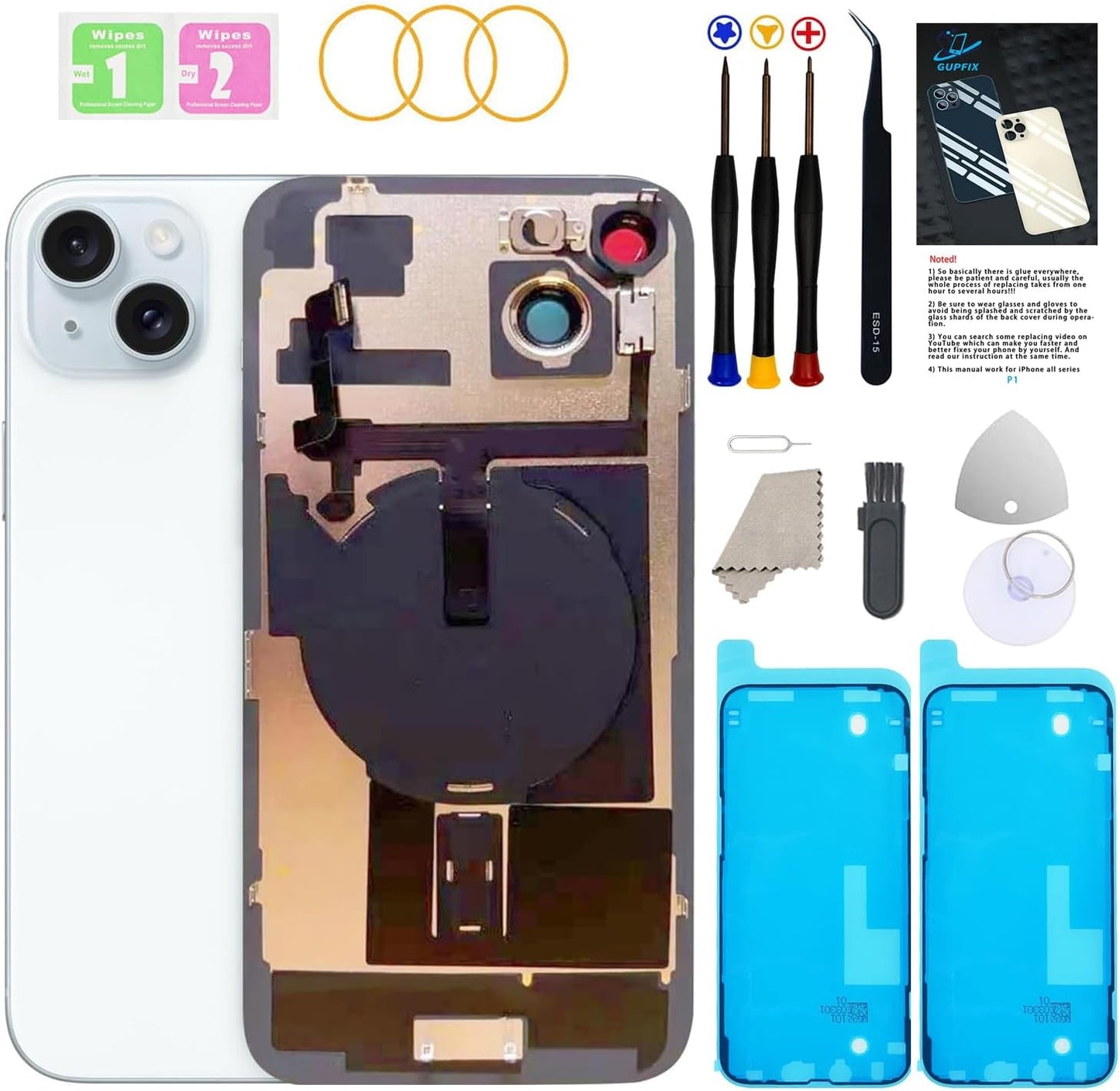 Back Glass Replacement for iPhone 15 with Repair Tools