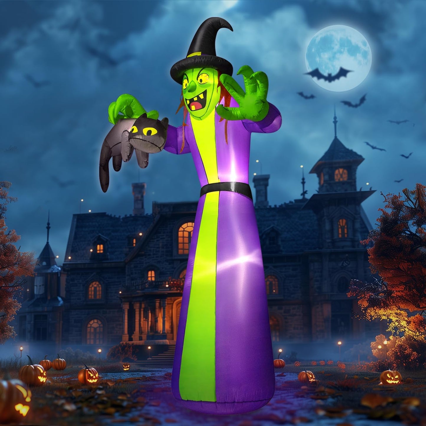 12FT Giant Halloween Inflatable Witch Grabbing Black Cat Decor