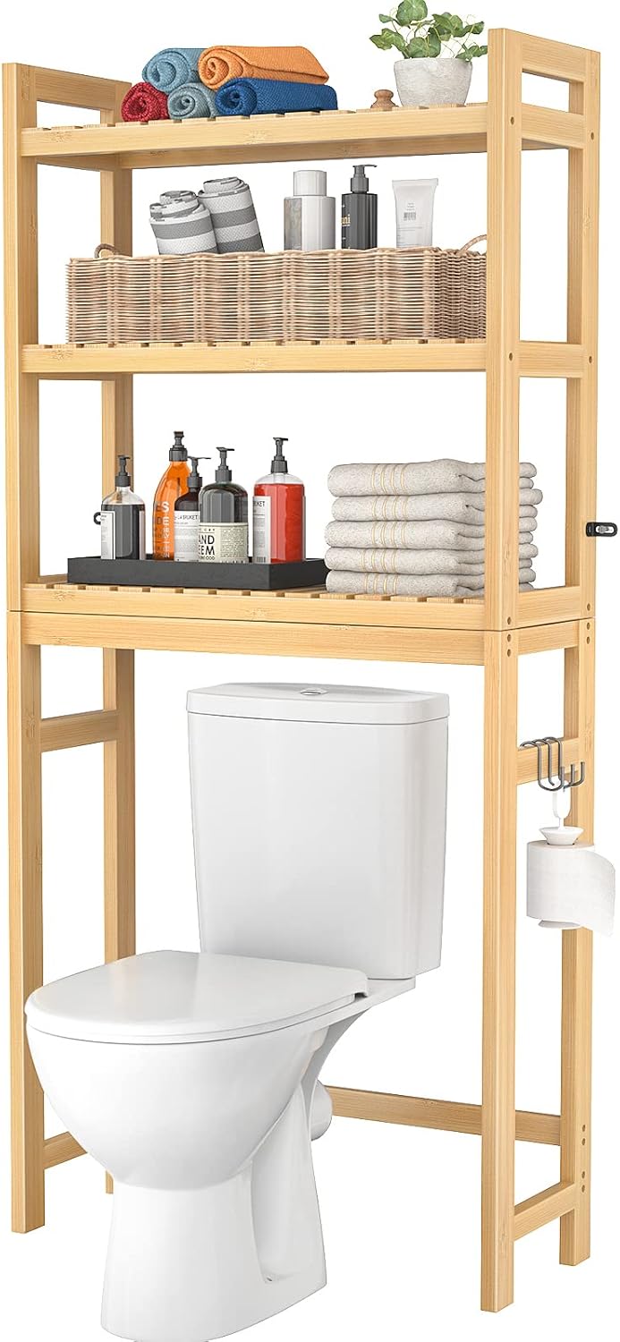 Over The Toilet Storage - 3-Tier Bamboo Bathroom Shelf Organizer