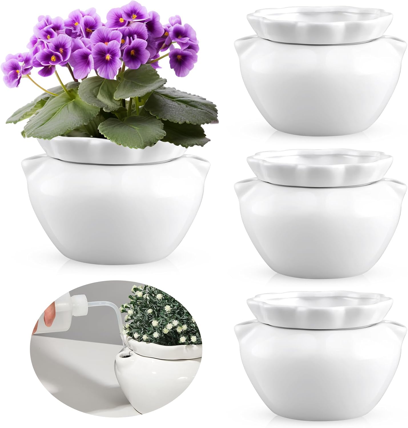 Self Watering White Ceramic Pots for Indoor Plants - 4 Set