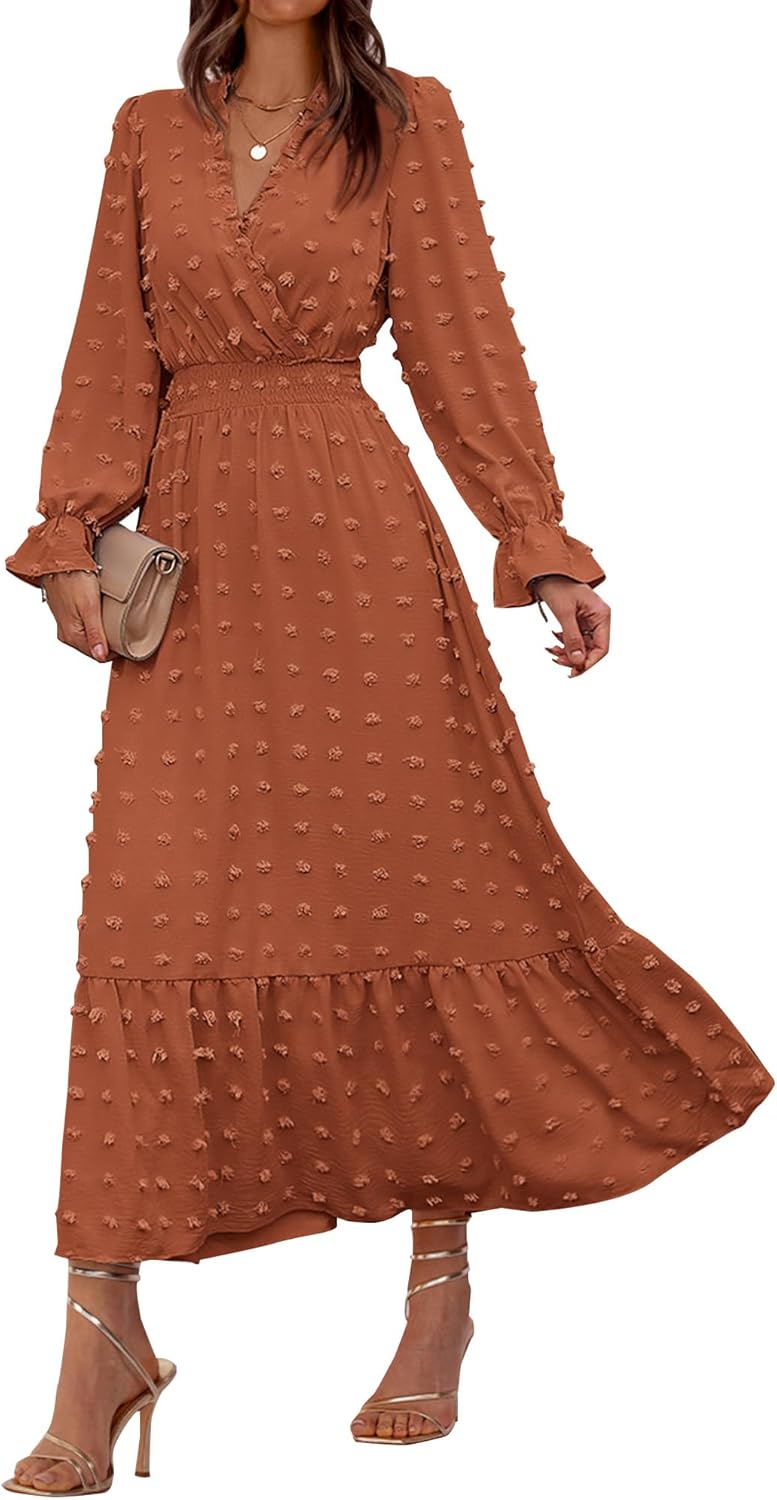 BTFBM Women Fall Maxi Dresses Long Sleeve V Neck Swiss Dots