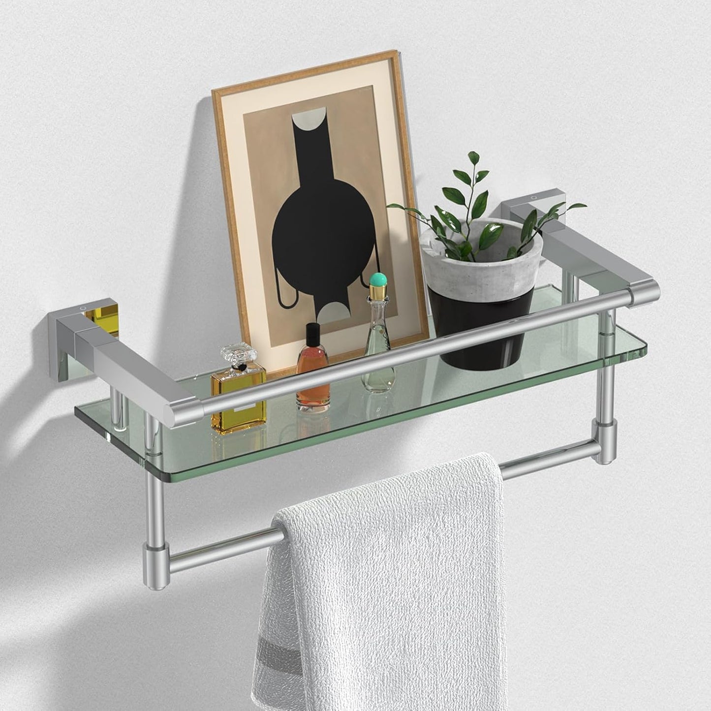 Tempered Glass Bathroom Shelf with Towel Bar for Storage