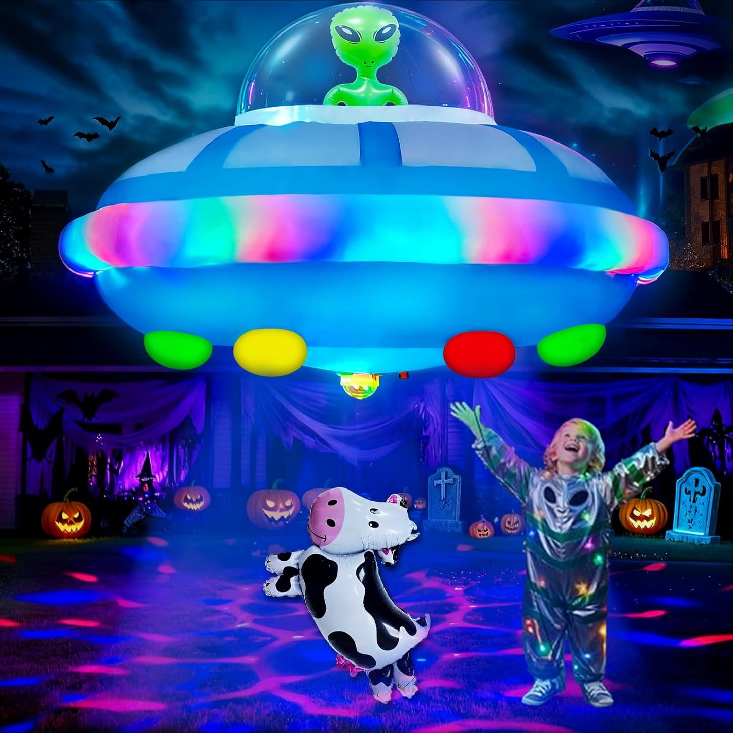 4FT Halloween Inflatable Outdoor Decoration with UFO Cow Abduction