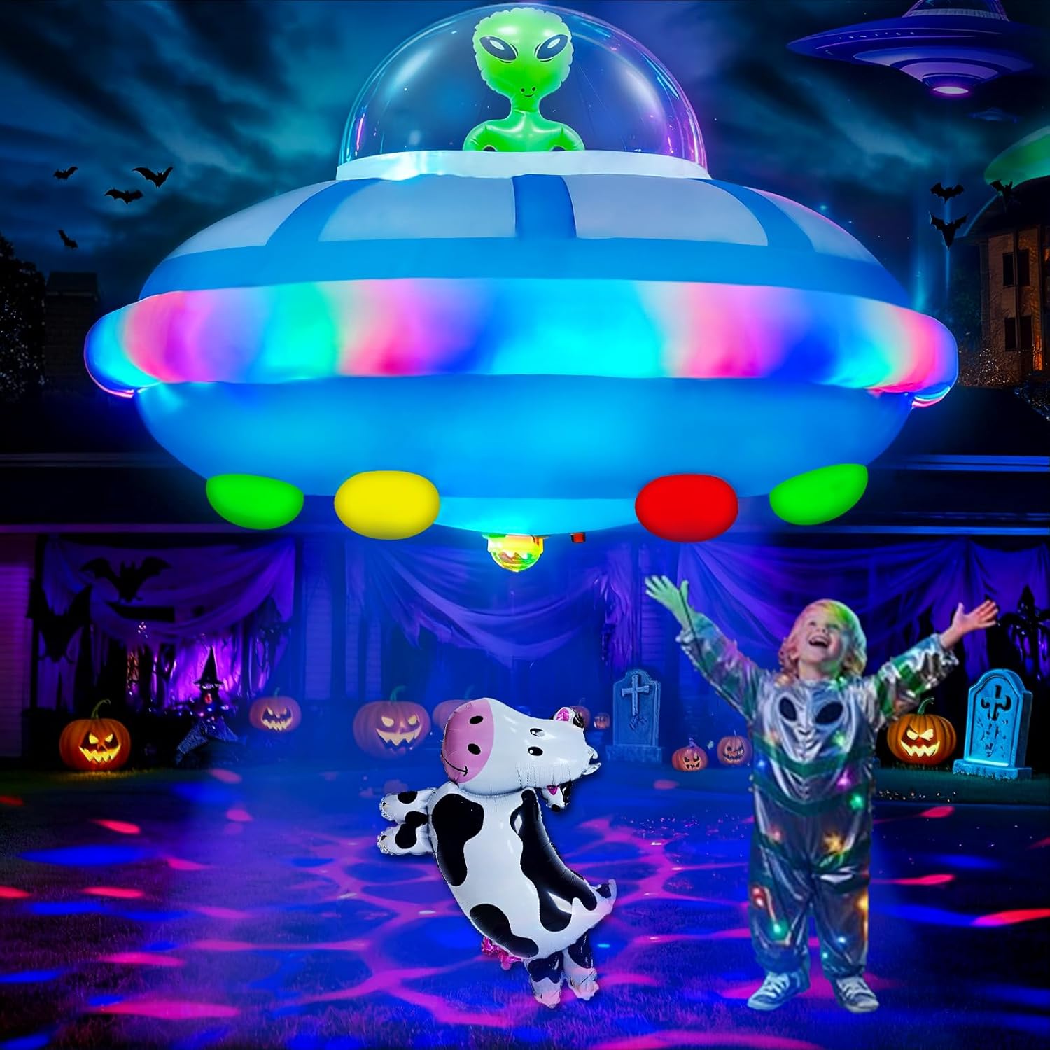 4FT Halloween Inflatable Outdoor Decoration with UFO Cow Abduction