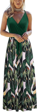 Womens Summer Deep V Neck Floral Spaghetti Strap Beach Maxi Dress