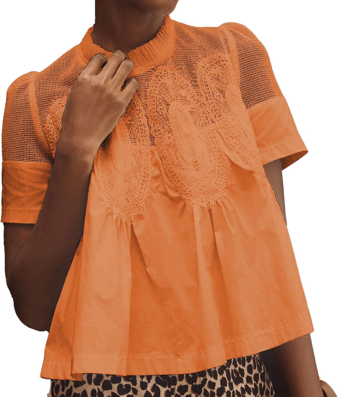 VAOYIU Women Lace-Detail Flared Blouse for Elegant Style
