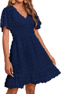 Womens Beach Vacation Dress Smocked Swiss Dot Mini - Flowy V Neck