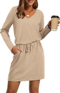 Fall Dresses for Women Loose V Neck Long Sleeve Tie Front A-Line