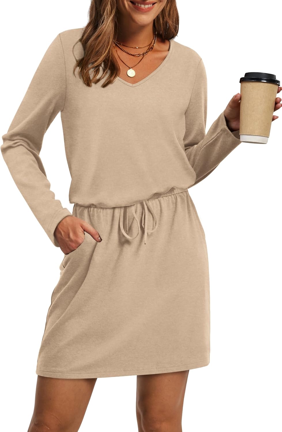 OFEEFAN Fall Dresses for Women: Casual V Neck Long Sleeve Style