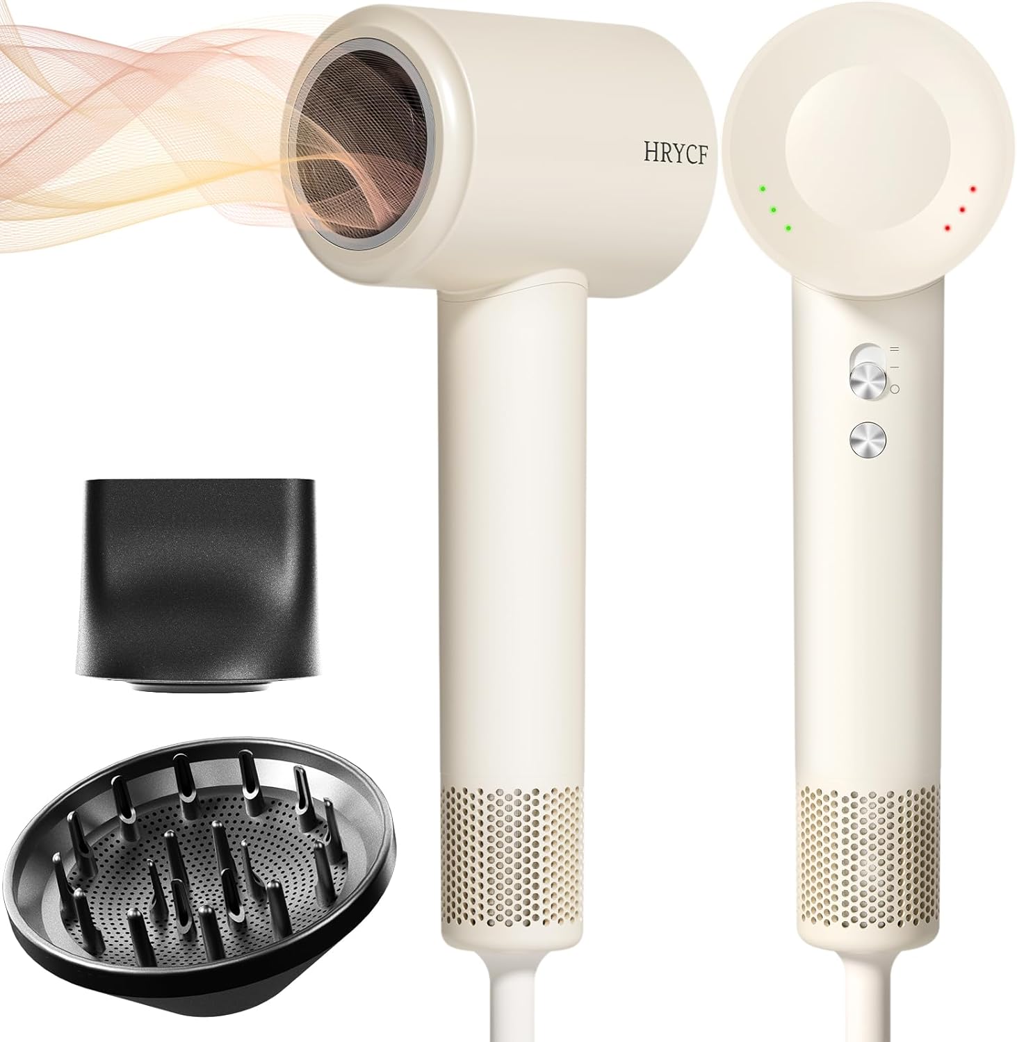 Fast Drying Ionic Hair Dryer, Low Noise, with Diffuser & Nozzle