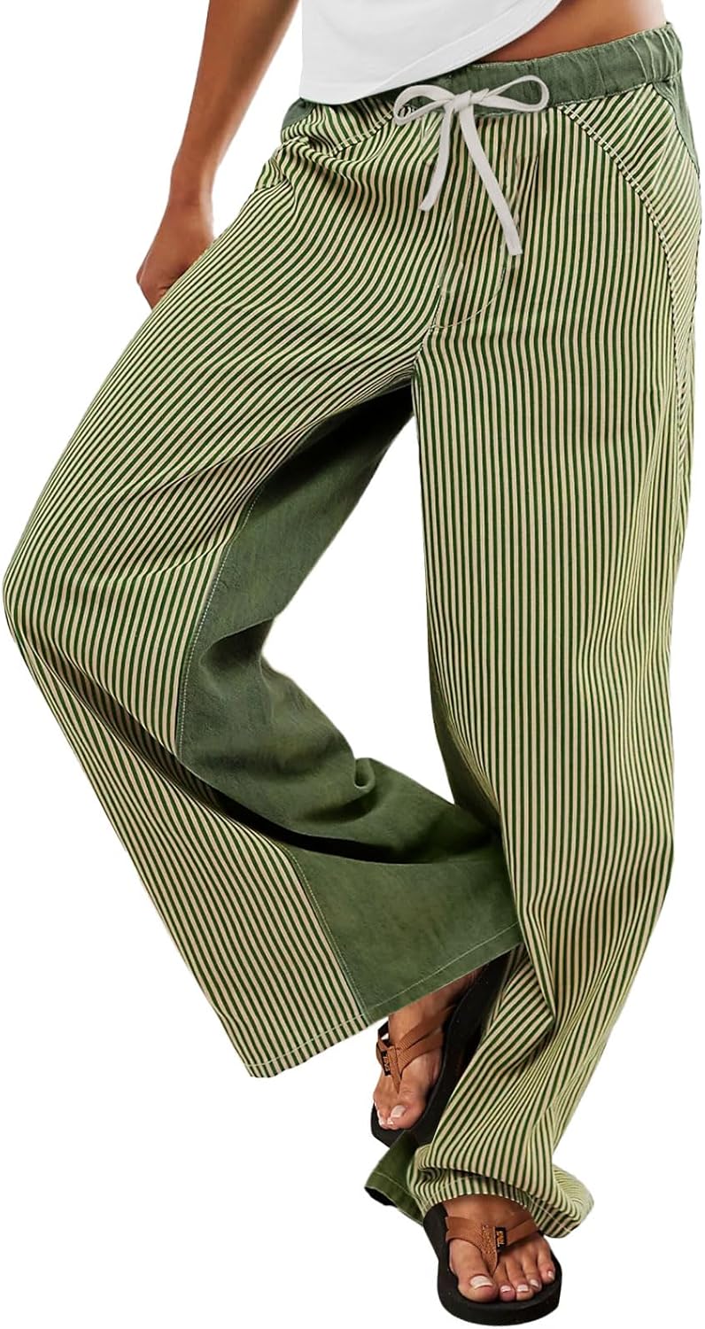 Low Rise Striped Pants for Women Boho Wide Leg Jeans Trendy