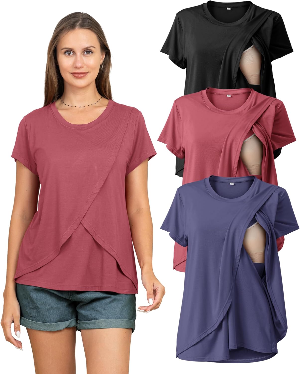 Rnxrbb Women's Nursing Tops for Breastfeeding - 3 Pack Summer T Shirts
