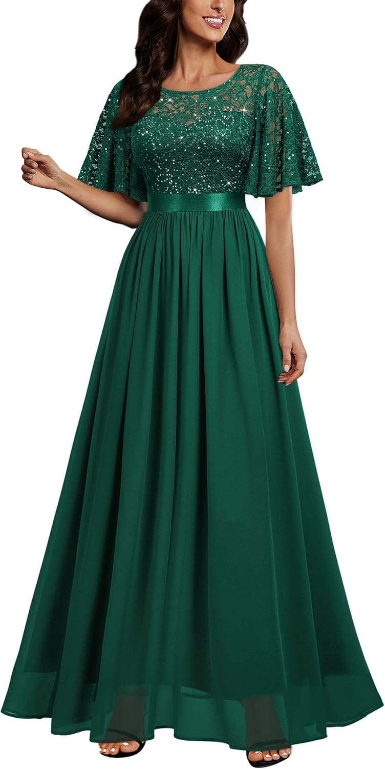 Elegant Sequin Lace Butterfly Sleeve Maxi Dress for Women