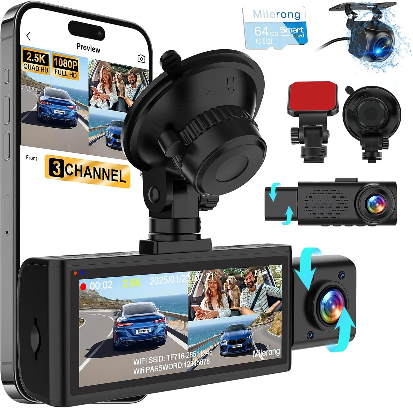 Milerong 3-Channel 2.5K WiFi Dash Cam Set