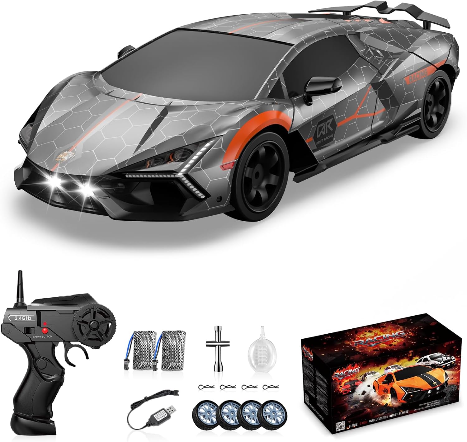 RC Drift Car with LED Lights and Two Batteries for Racing Fun