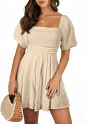 Cute Elastic Square Neck Romper with Puff Sleeves for Women