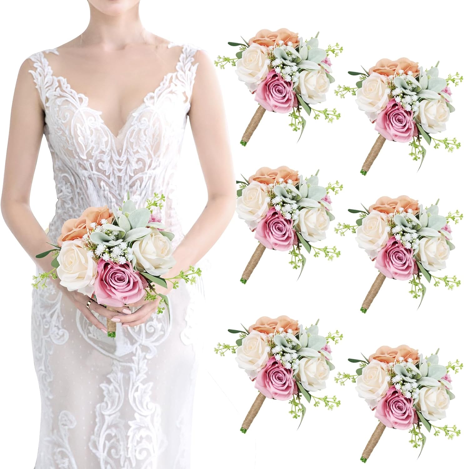 Bridesmaid Bouquets Set of 6 - Blush & Pink Floral Centerpieces