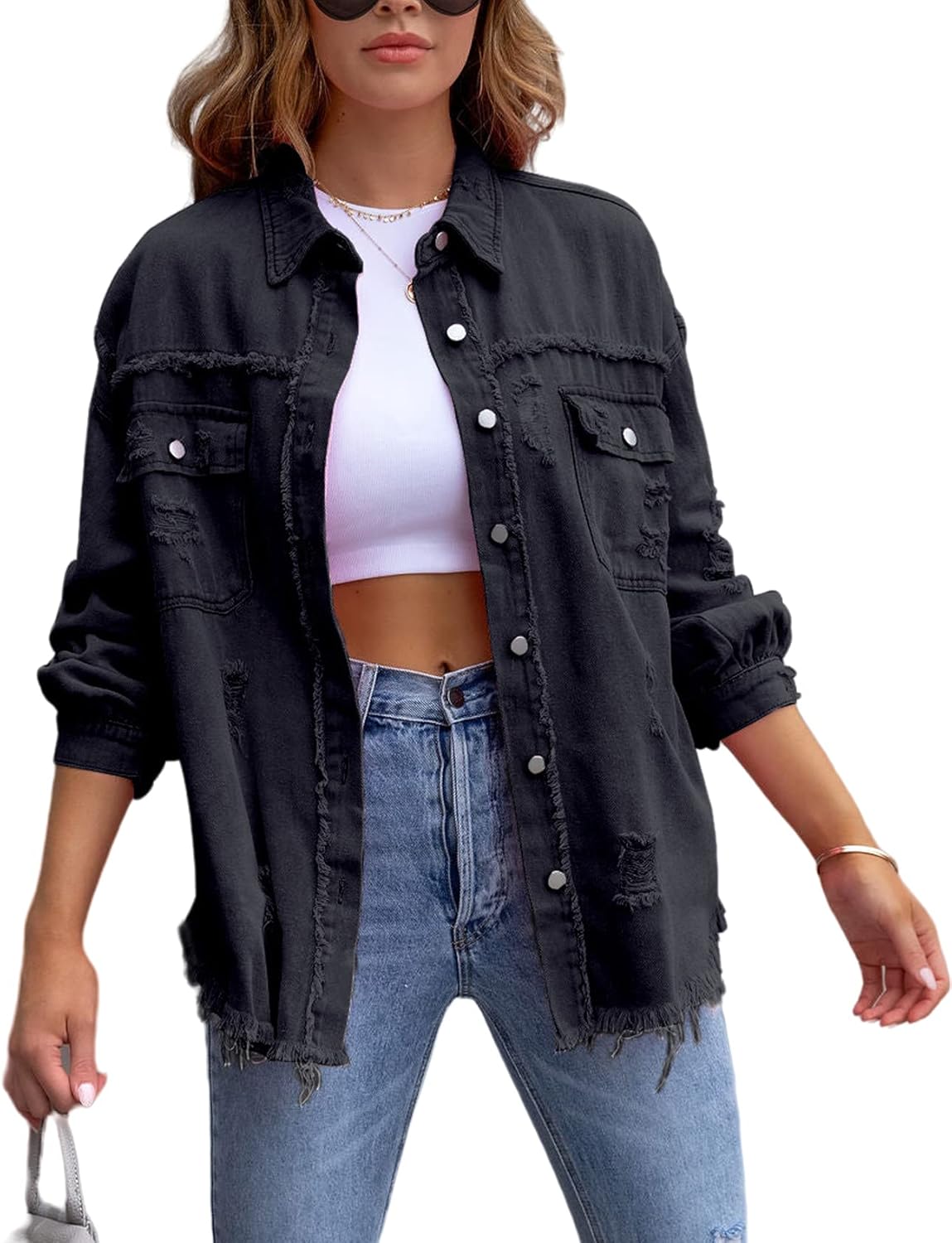 Oversized Ripped Denim Jacket for Women with Frayed Hem Style