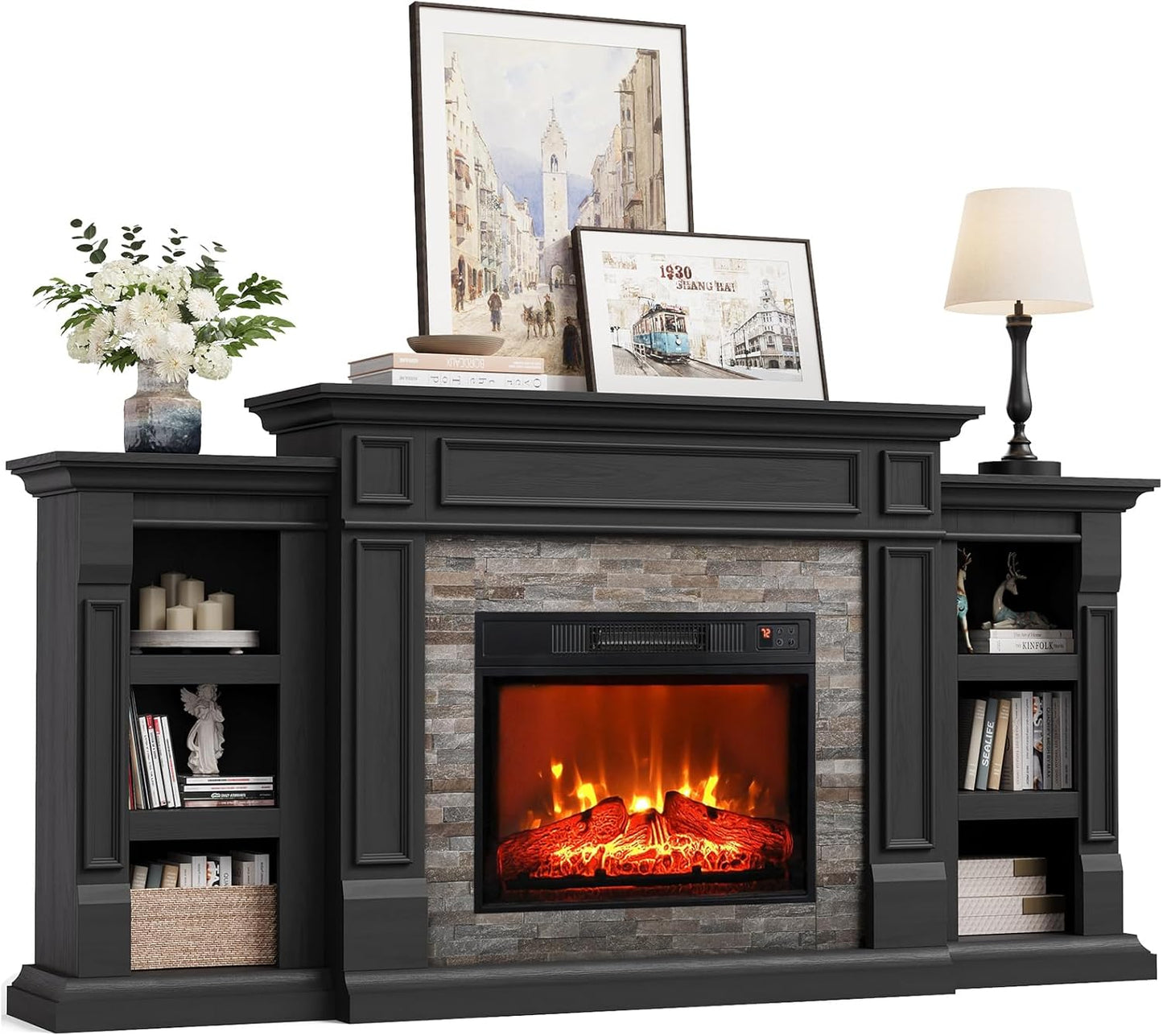 Naice 72in Electric Fireplace with Mantel and Cabinets for Home