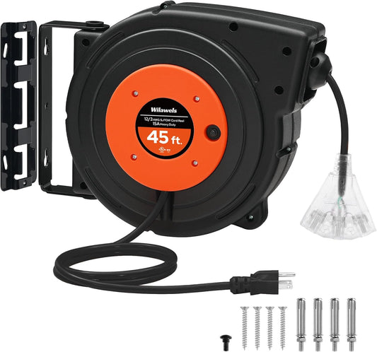 Retractable Extension Cord Reel with 45 FT Heavy Duty Power Cord