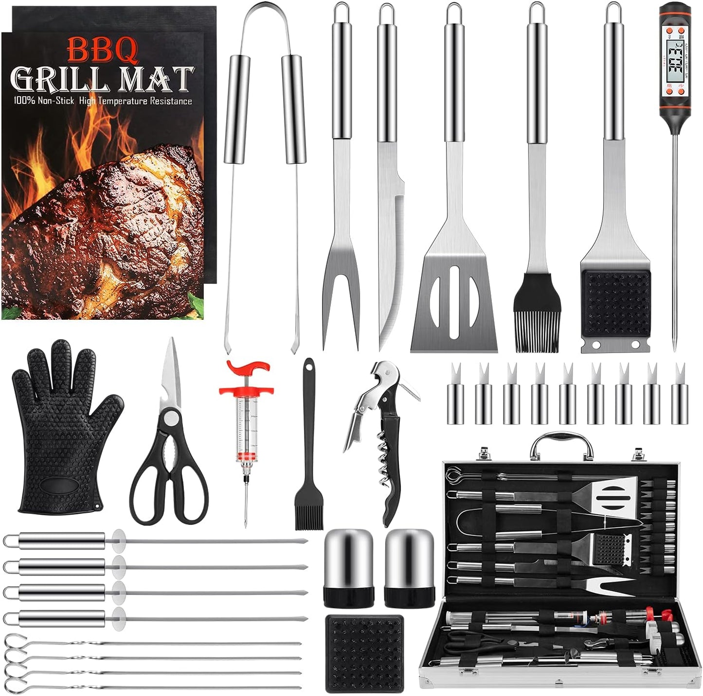 34PCS BBQ Tools Set for Outdoor Grill with Aluminum Case