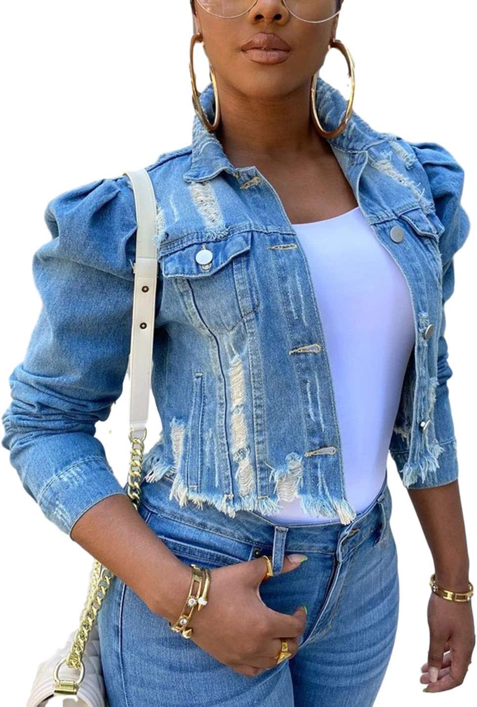 Stylish Women's Ripped Puff Sleeve Denim Crop Top Jacket