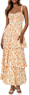 Wenrine Womens Summer Floral Maxi Dress - Flowy Tie Back Ruffle Style