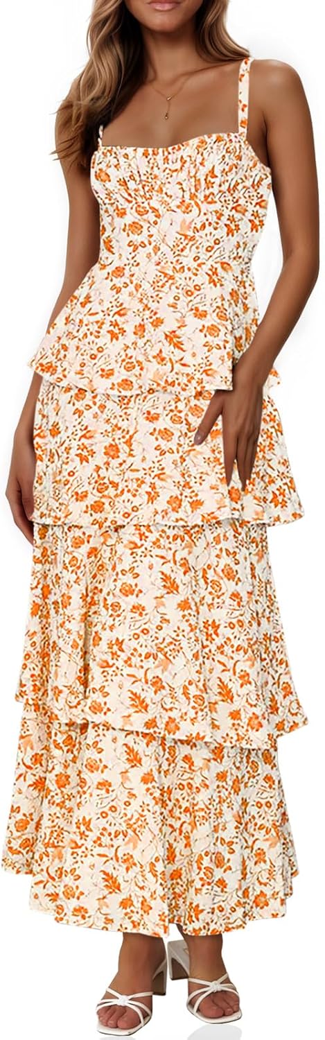 Womens Summer Floral Maxi Dresses with Ruffle Tiered Design