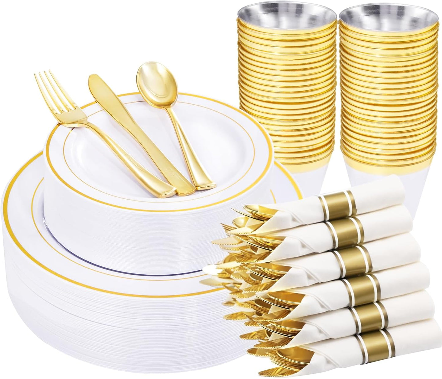 WELLIFE 210 Piece Gold Plastic Dinnerware Set for 30 Guests