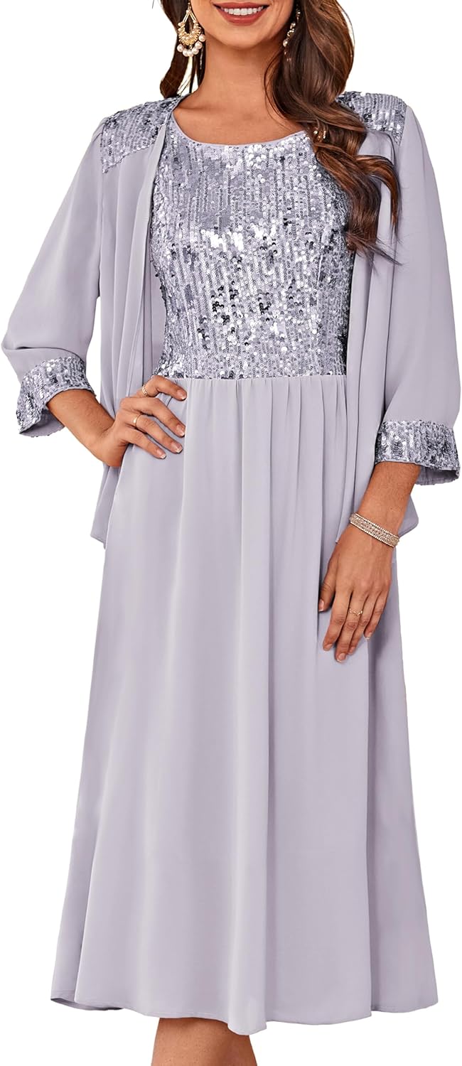 Elegant Two Piece Formal Sequin Dress for Wedding Guests