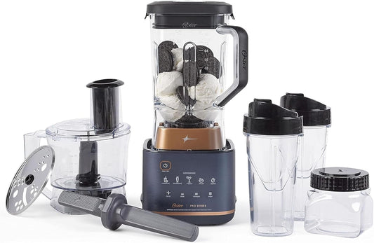 Powerful Oster Pro Kitchen System - XL 9-Cup Jar, Food Processor, Blend-n-Go Cups, Tamper Tool - Dark Blue