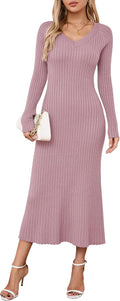 Spring Womens V Neck Long Sleeve Fishtail Sweater Dress - Slim Midi