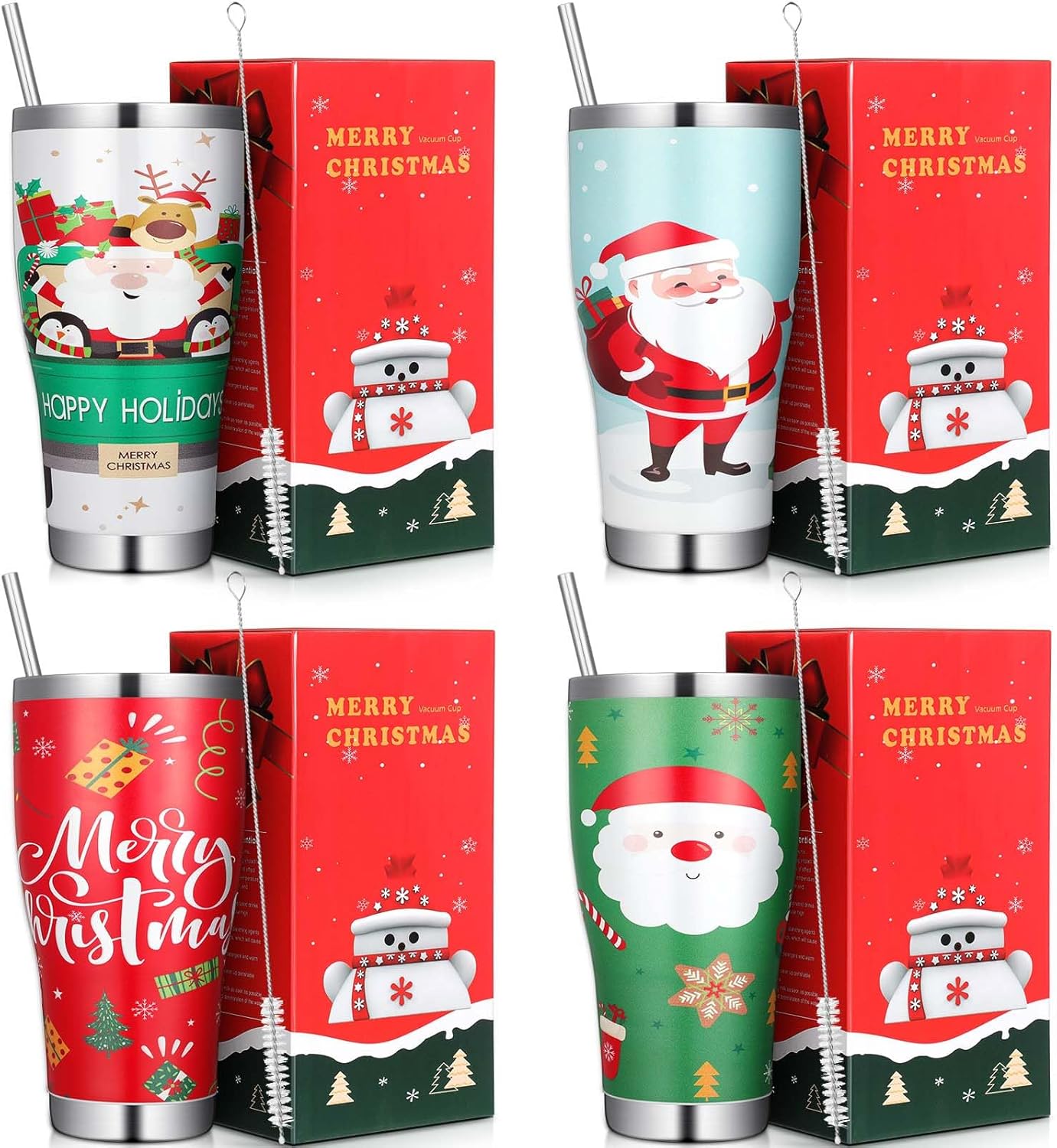 Mifoci 4 Pcs 30 oz Christmas Tumblers with Lids and Straws