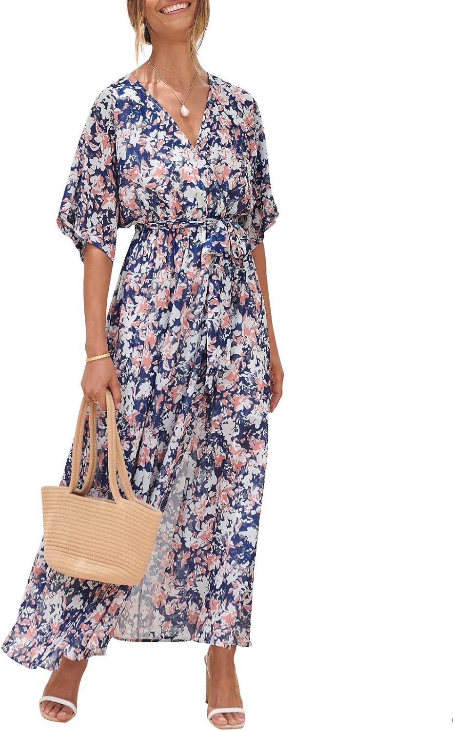 Womens Summer Loose Boho Flowy Wrap V Neck Maxi Dresses