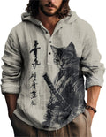Mens Japanese Art Long Sleeve Hooded Shirts Lightweight Quarter Button
