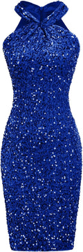 Sequin Dress for Women Sleeveless Halter Bodycon Mini - Royal Blue