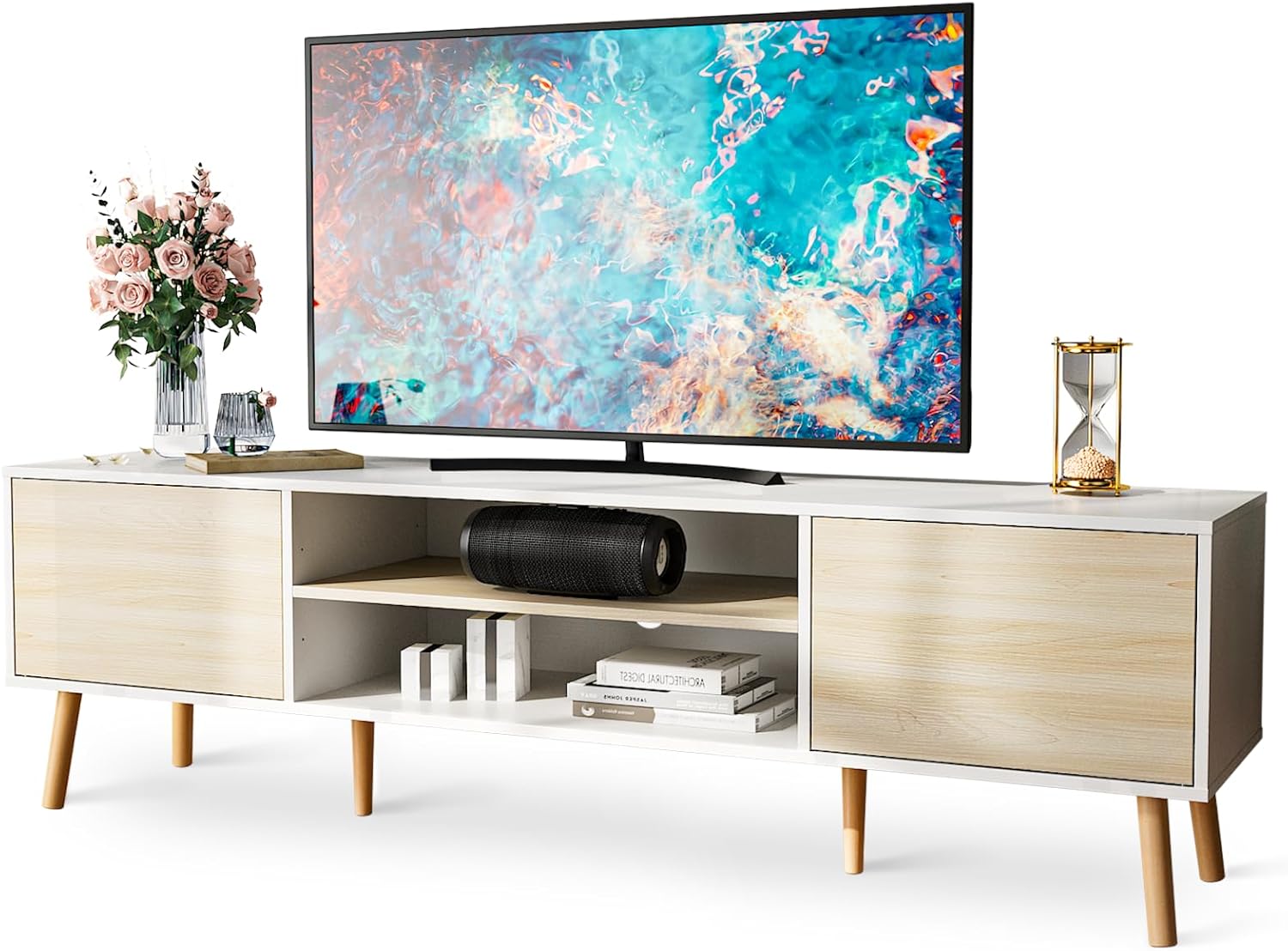 75 Inch TV Stand with Ample Storage - White&Oak