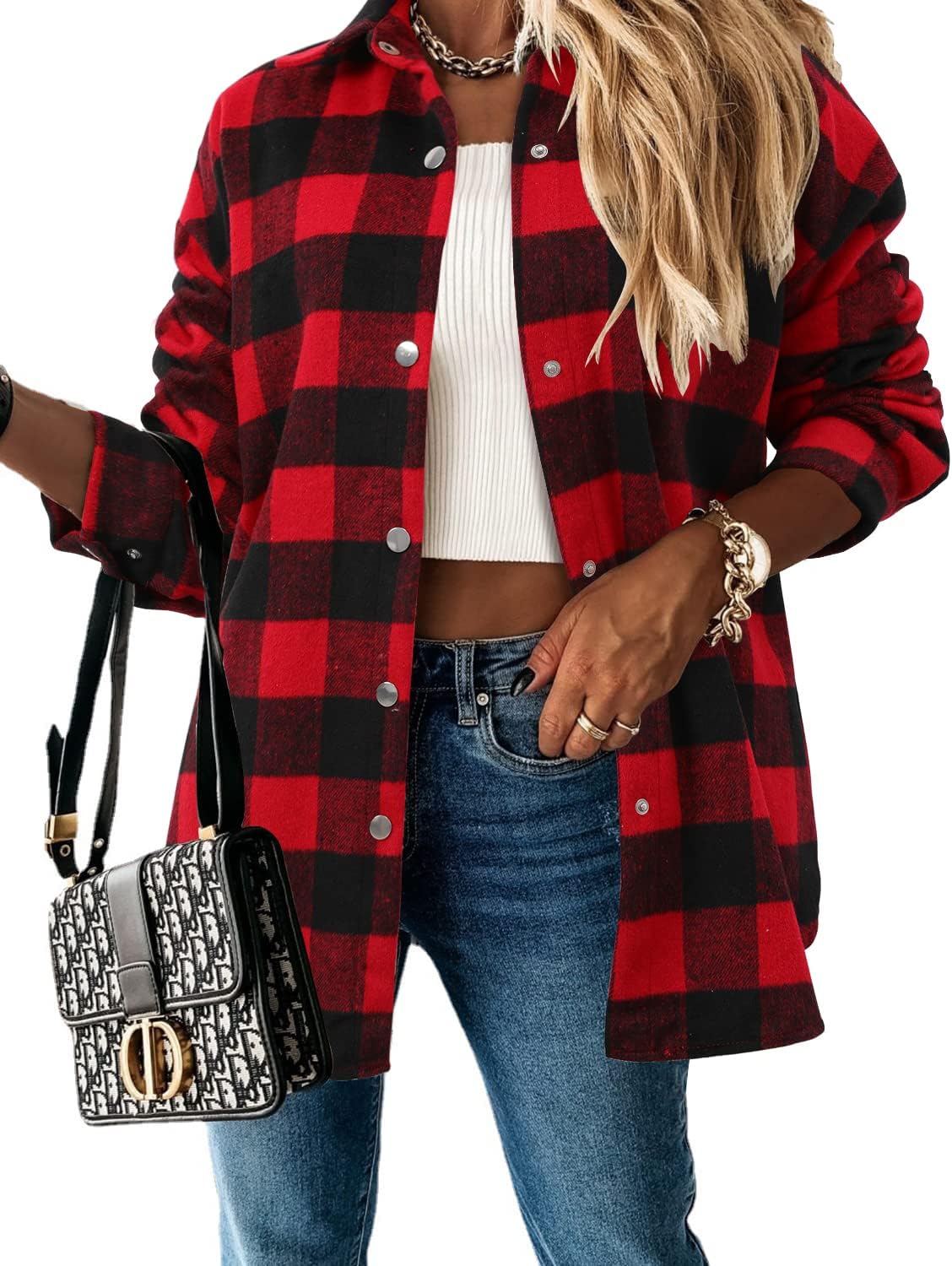 Stylish Women Plaid Shirt Button Down Flannel Shacket 2025