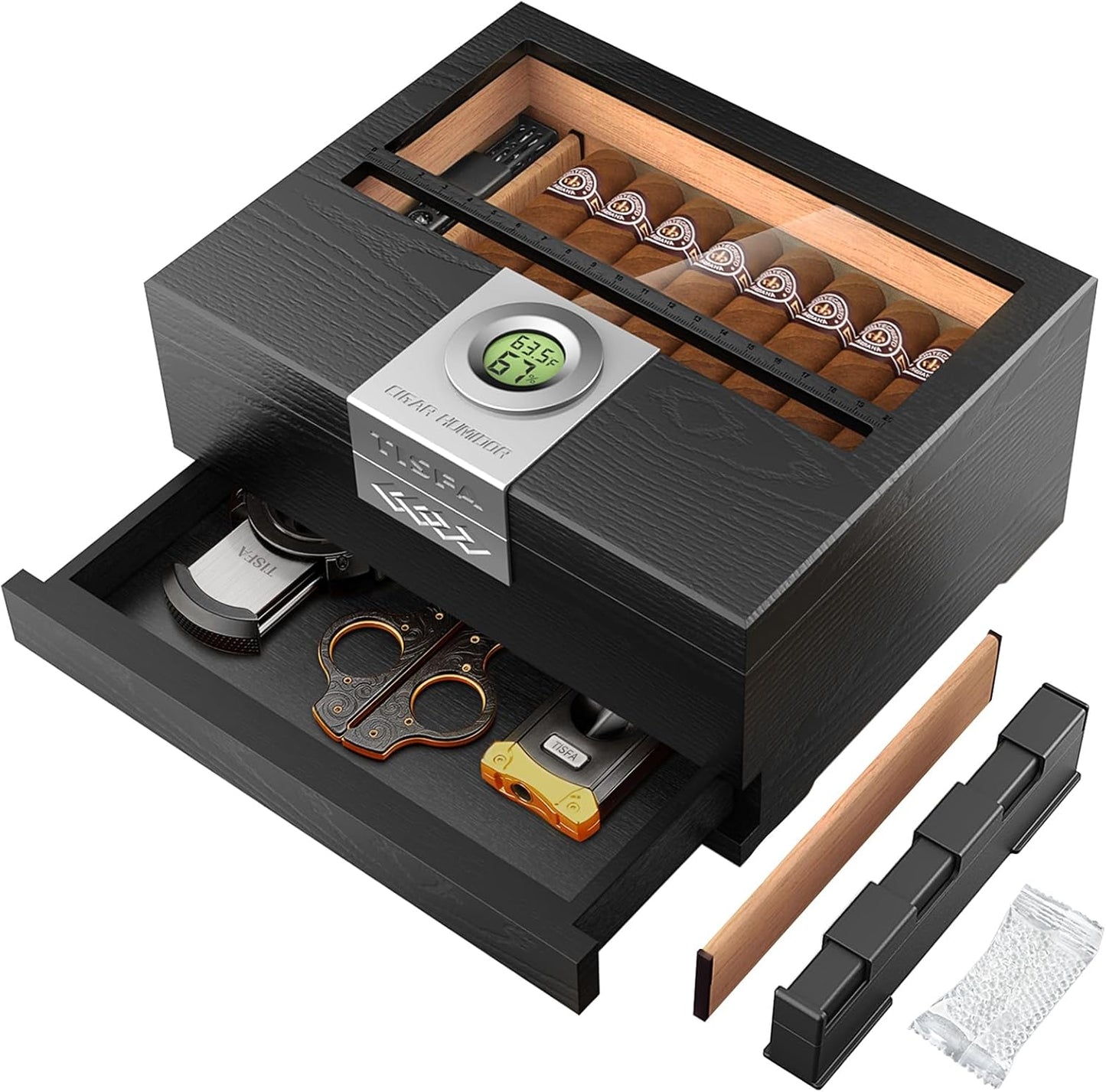 Cedar Wood Desktop Cigar Humidor with Digital Hygrometer