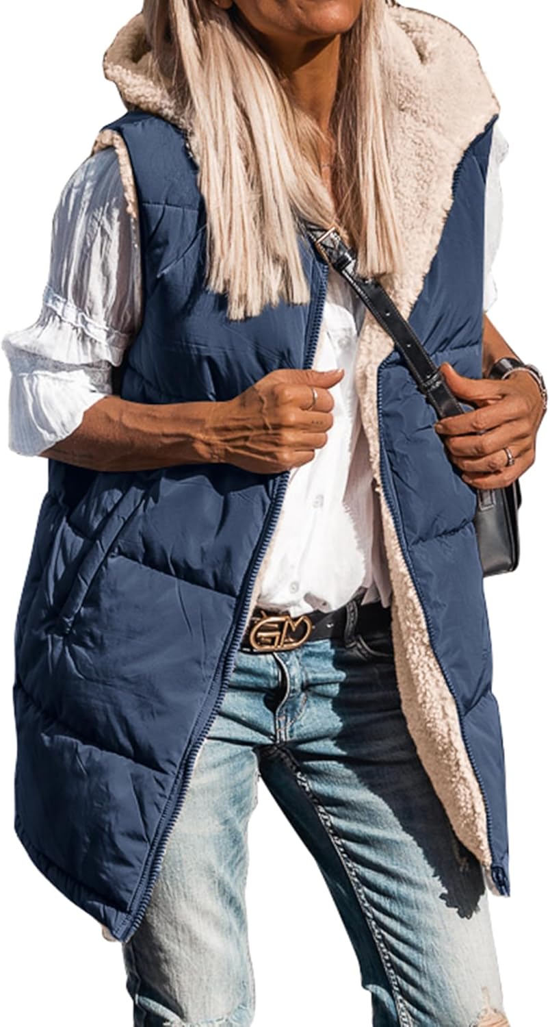 Long Puffer Vest Women Sleeveless Reversible Sherpa Jacket