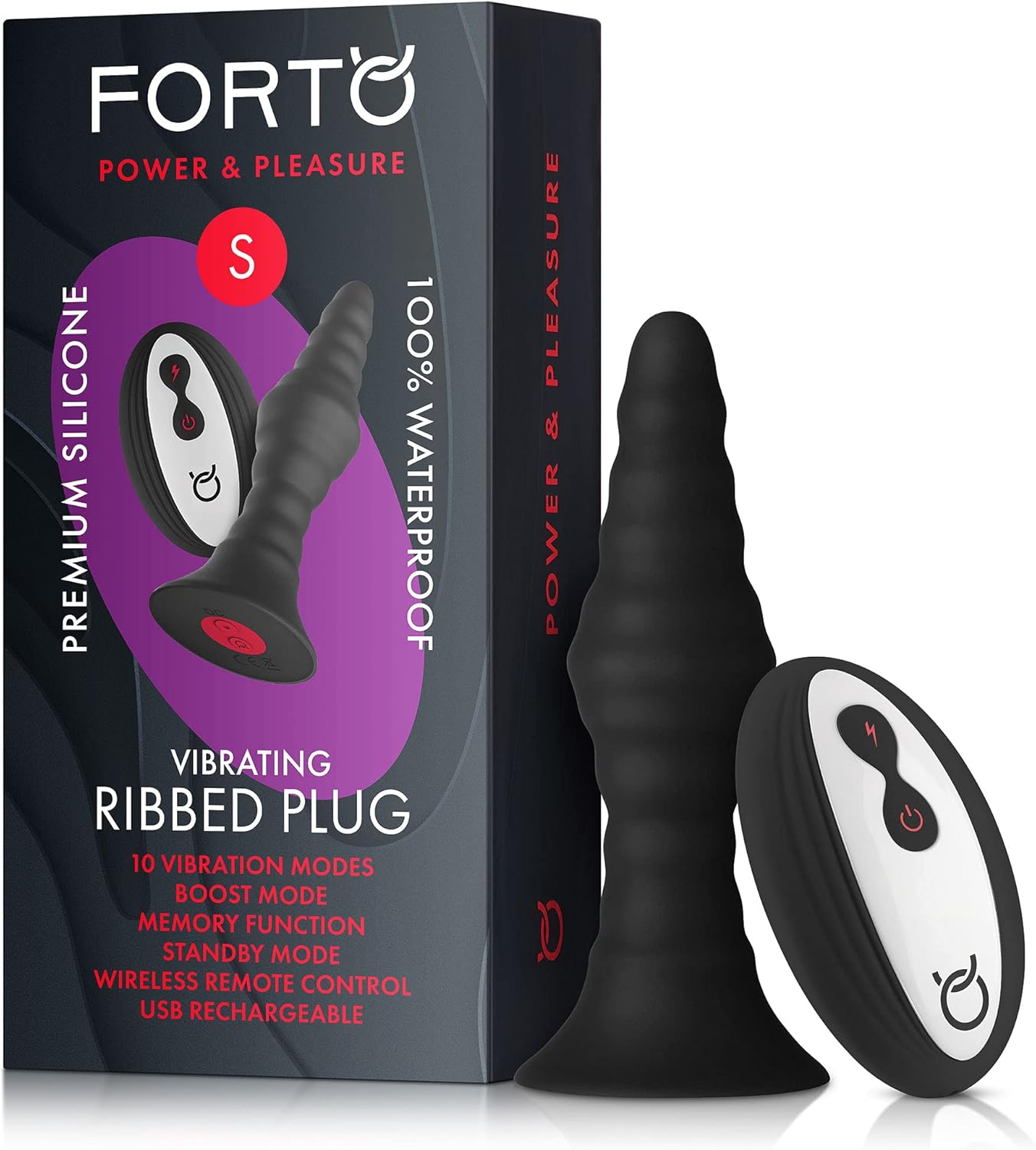 Forto Ribbed Vibrating Butt Plug - 20 Modes & Remote Control