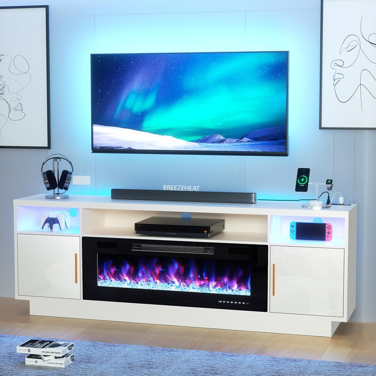 Modern 70 Electric Fireplace TV Stand - White