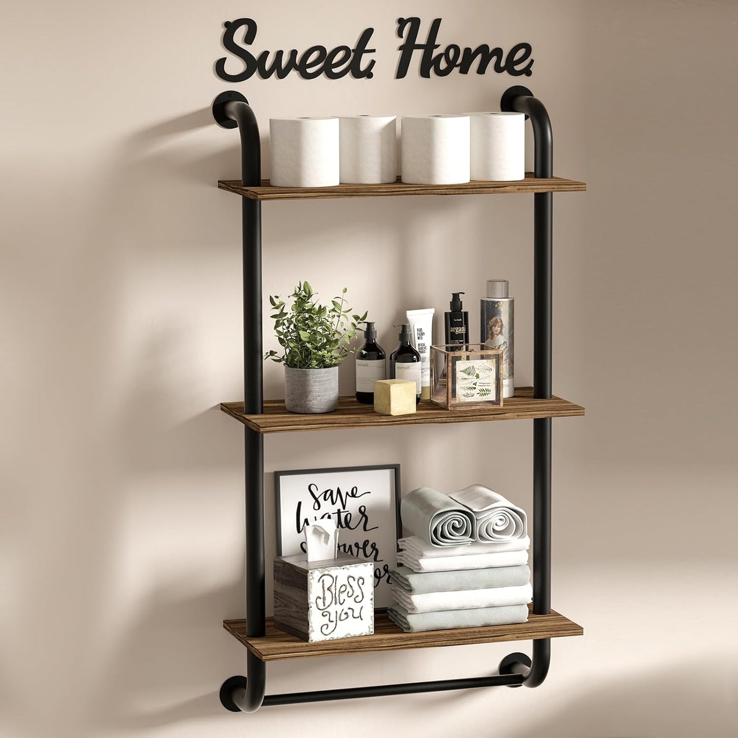 Rustic Wood Wall Shelf with Industrial Pipe for Versatile Decor