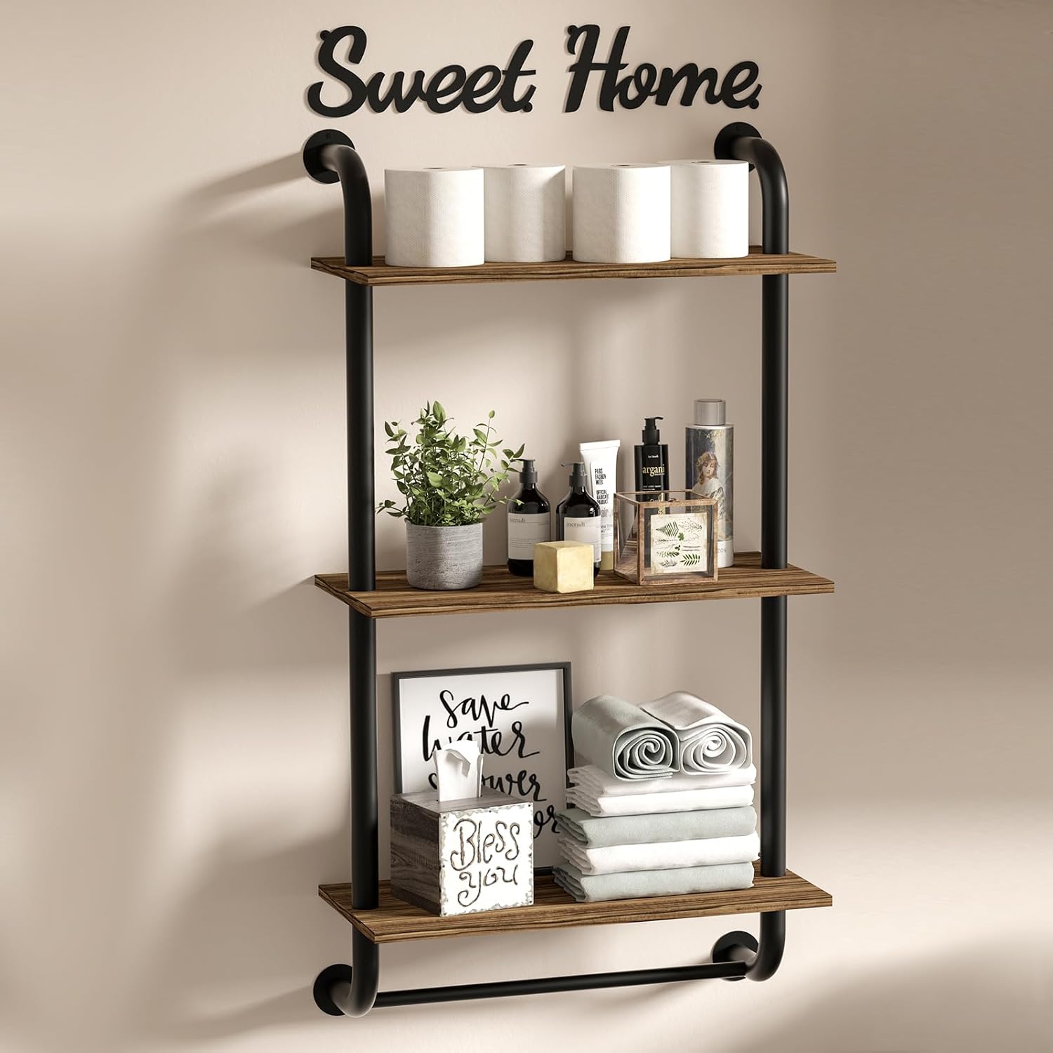 Rustic Wood Wall Shelf with Industrial Pipe for Versatile Decor